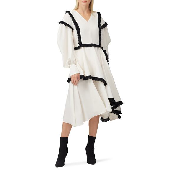 ADEAM Assymetrical midi Dress sz 2 Flouncy White black coquette romantic ruffle - Picture 1 of 12